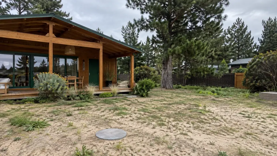 Casa de veraneo de madera entre pinos del litoral central, con la tapa de la cámara en el patio