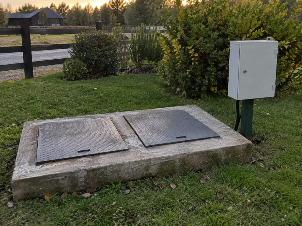 Losa de hormigón con dos tapas metálicas y un tablero eléctrico gris en un poste, en un condominio de parcelas