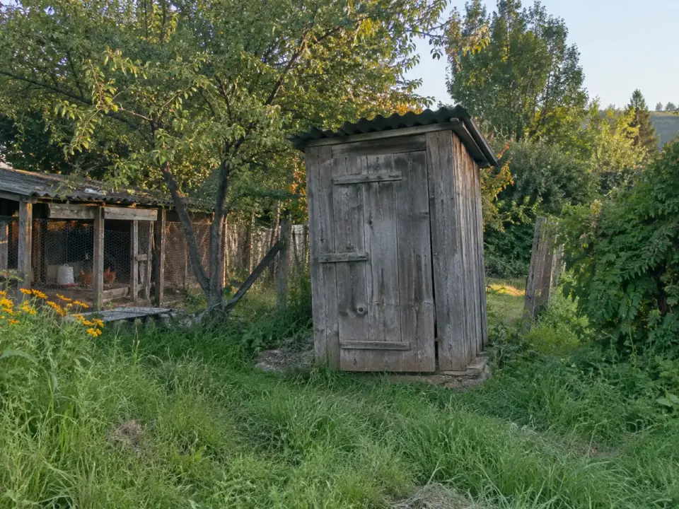 Caseta de madera de un pozo negro al fondo del patio de una casa de campo, con un gallinero al lado