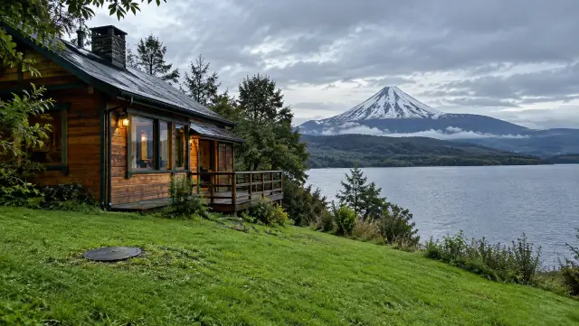 Cabaña de madera junto a un lago del sur con un volcán nevado y la tapa de la cámara en el pasto