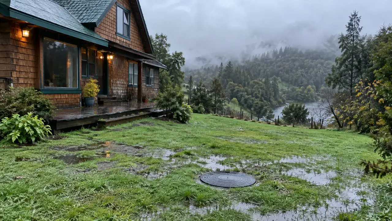 Casa de tejuela bajo la lluvia en el sur, con el pasto empapado, charcos y la tapa de la cámara