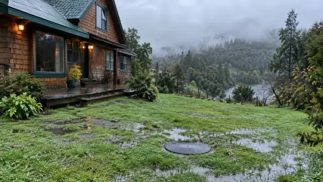 Casa de tejuela bajo la lluvia en el sur, con el pasto empapado, charcos y la tapa de la cámara